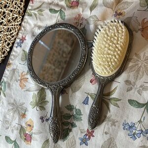 Ornate Silver Hand Mirror and Brush Set - Cream Bristles